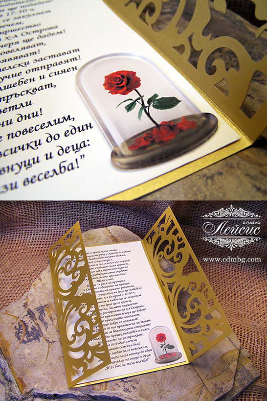  Сватбени покани с дантела, изрязана с лазер. Студио Лейсис